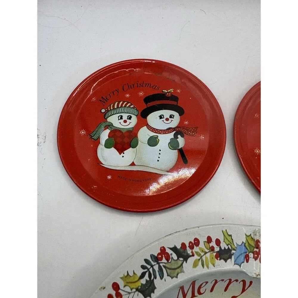 Vintage Set Of 2 Coasters And Ashtray Christmas Made In Hong Kong Snowmen Santa